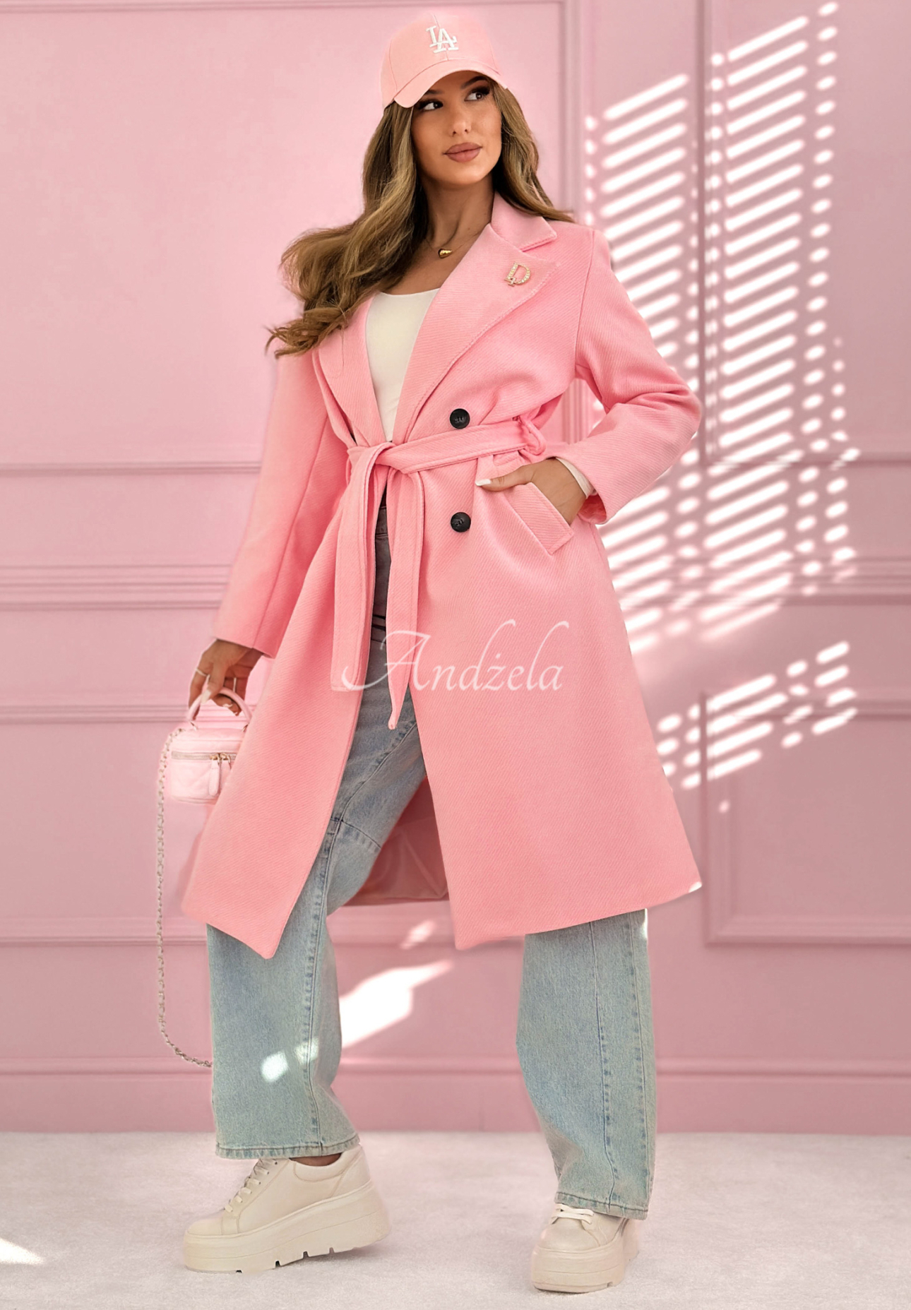 Long double-breasted coat with herringbone collar We Both Know pink