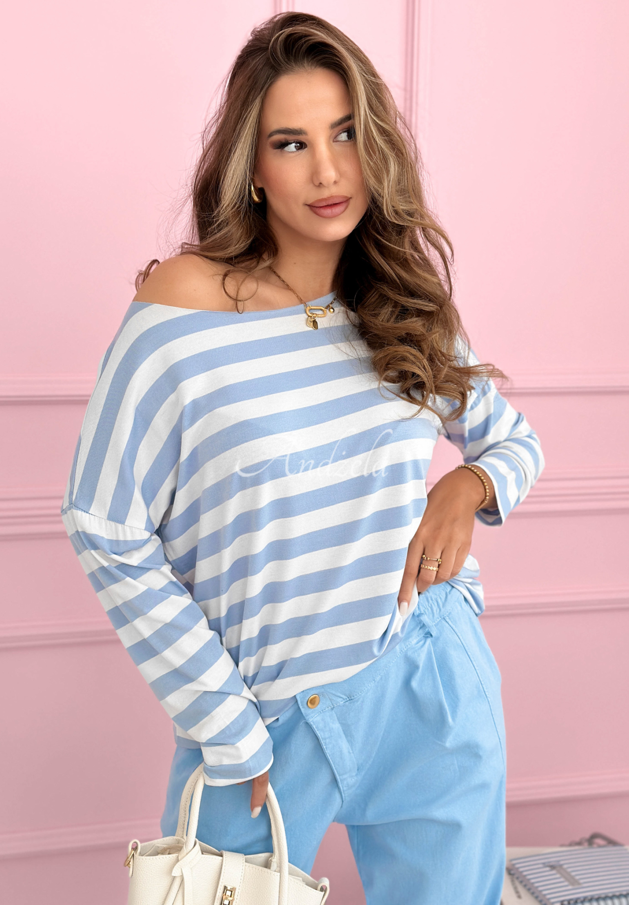 Langärmlige Viskosebluse mit Streifen Only Stripes weiß-Himmelblau