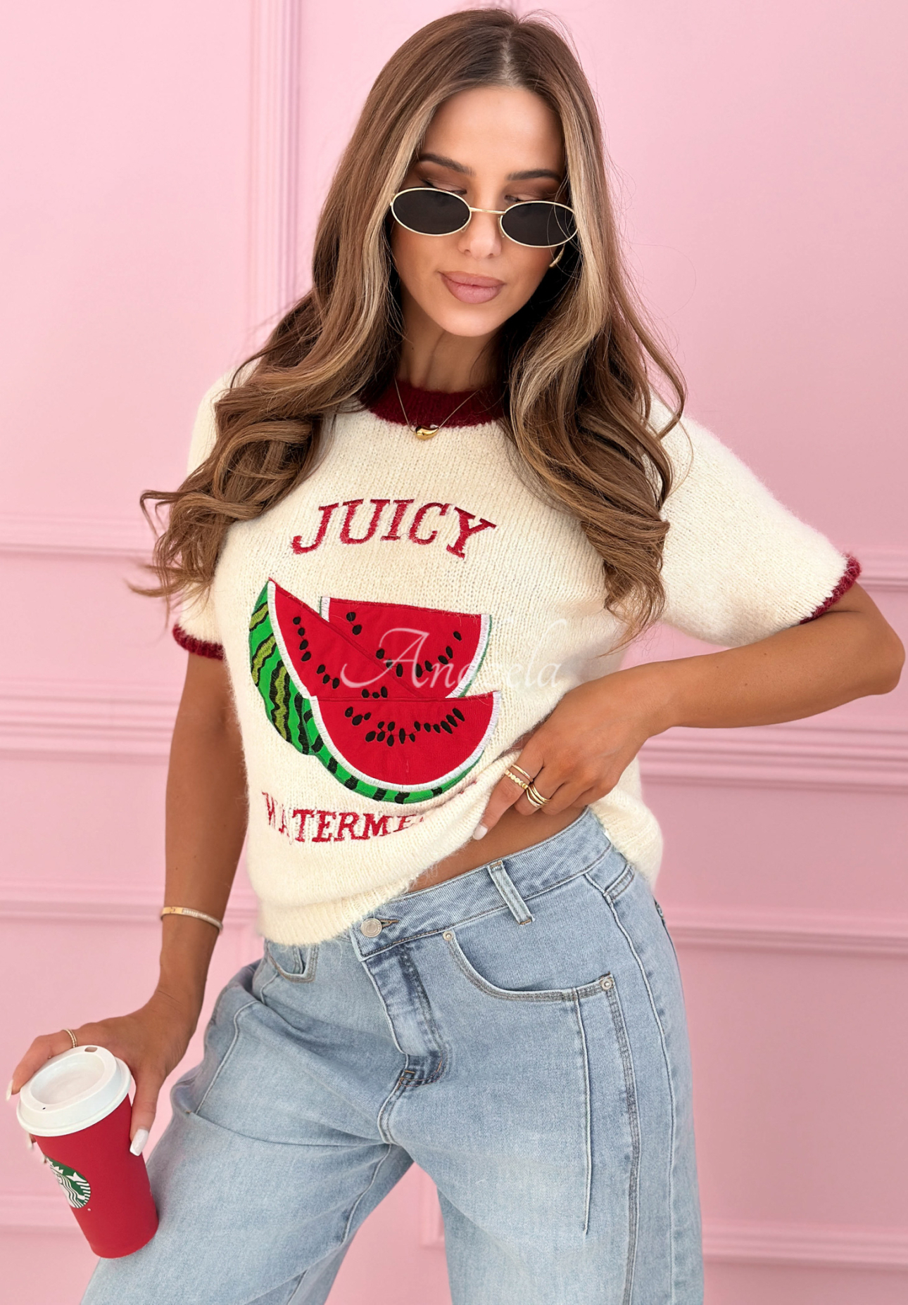 Juicy Watermelon ecru short-sleeved sweater with patch