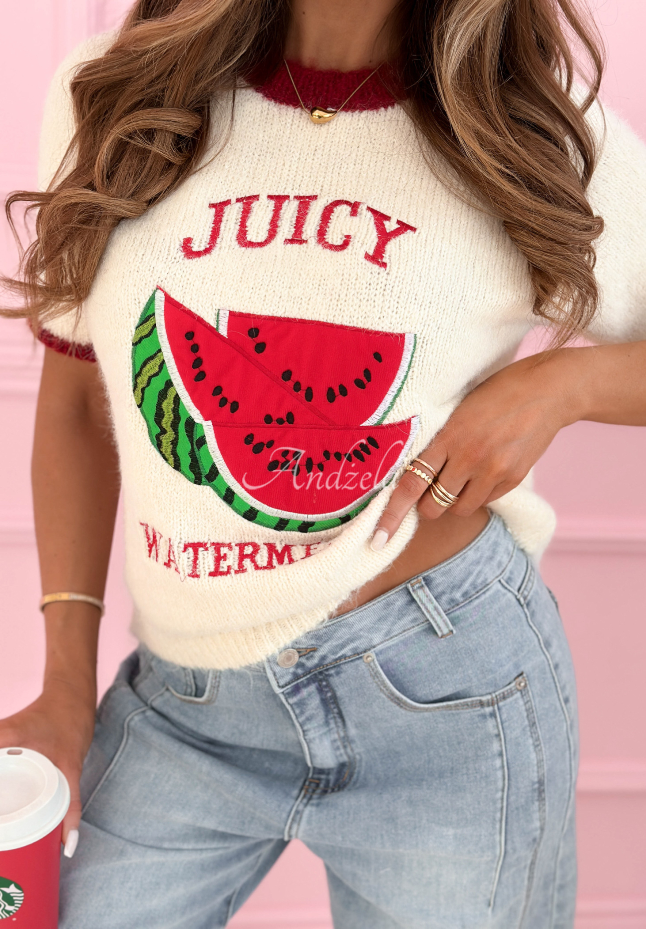 Kurzärmeliger Pullover mit Aufnäher Juicy Watermelon Ecru