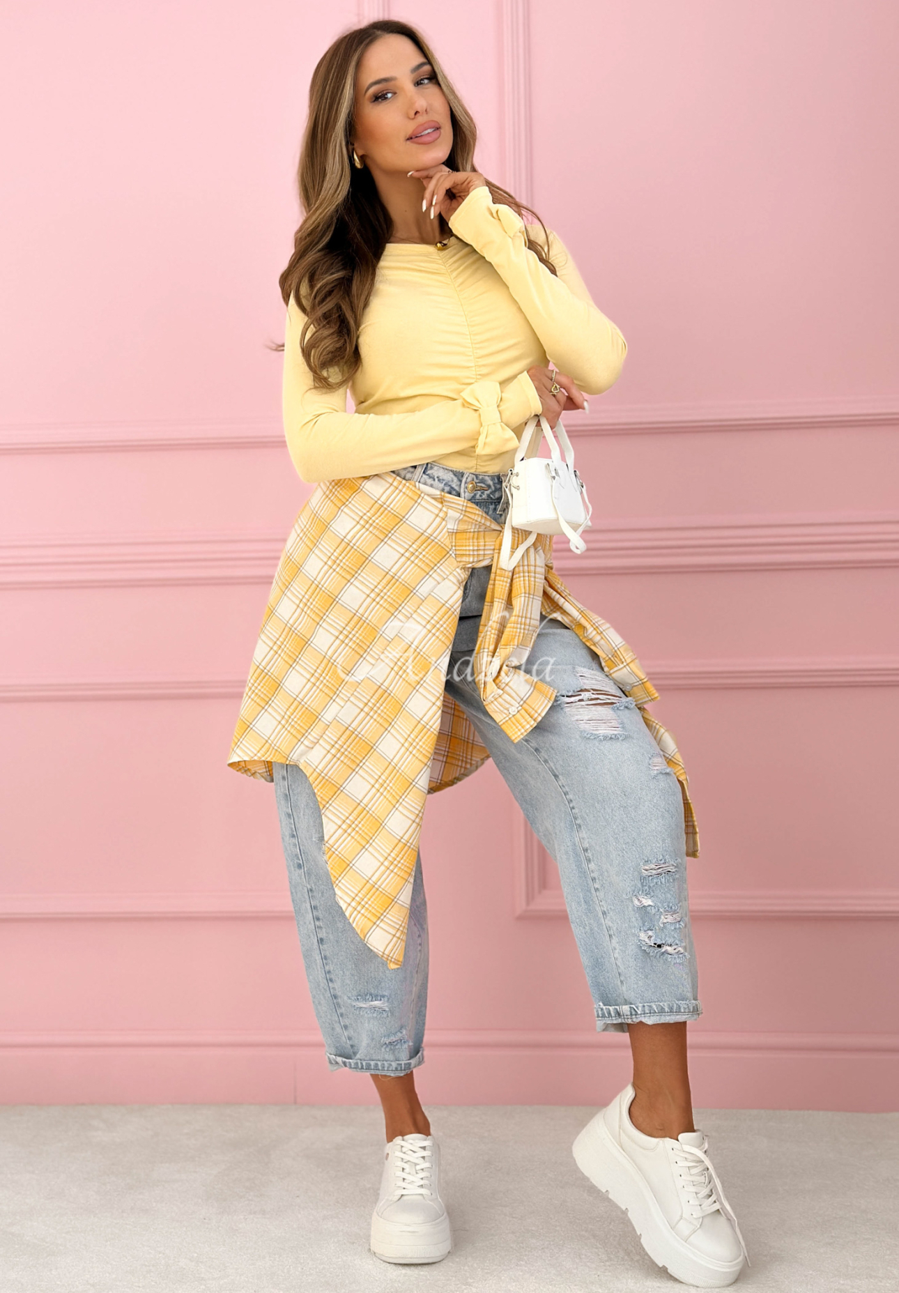 Geraffte Baumwollbluse longsleeve mit Schleifen Cutie Bows Gelb