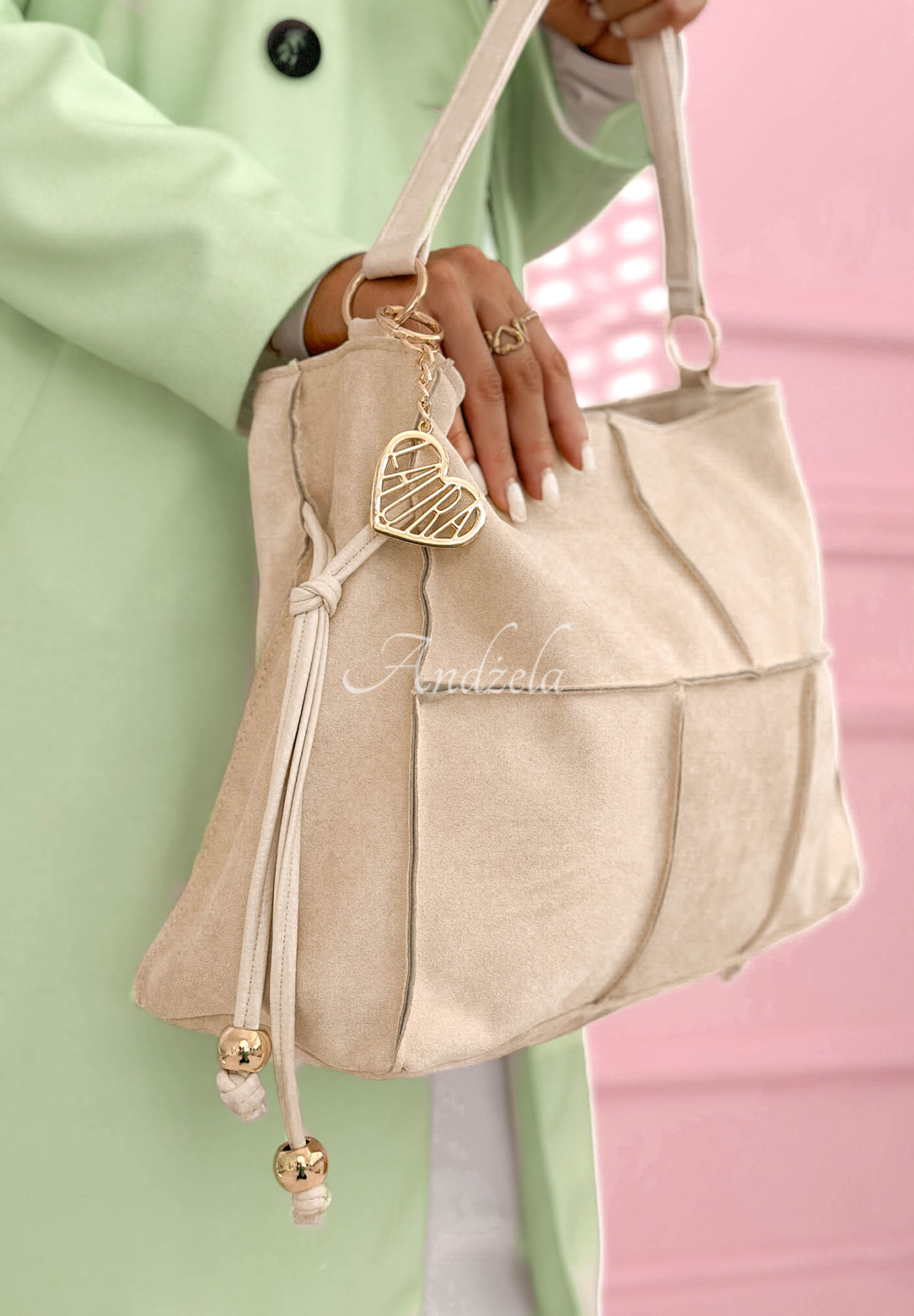 Everyday Smile beige bag with decorative stitching