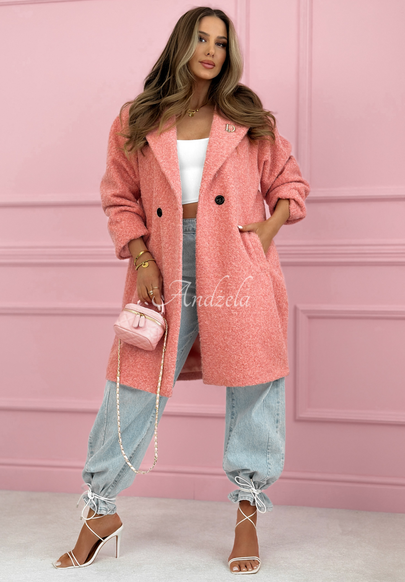 Long sheepskin coat with collar Create The Impossible powder pink