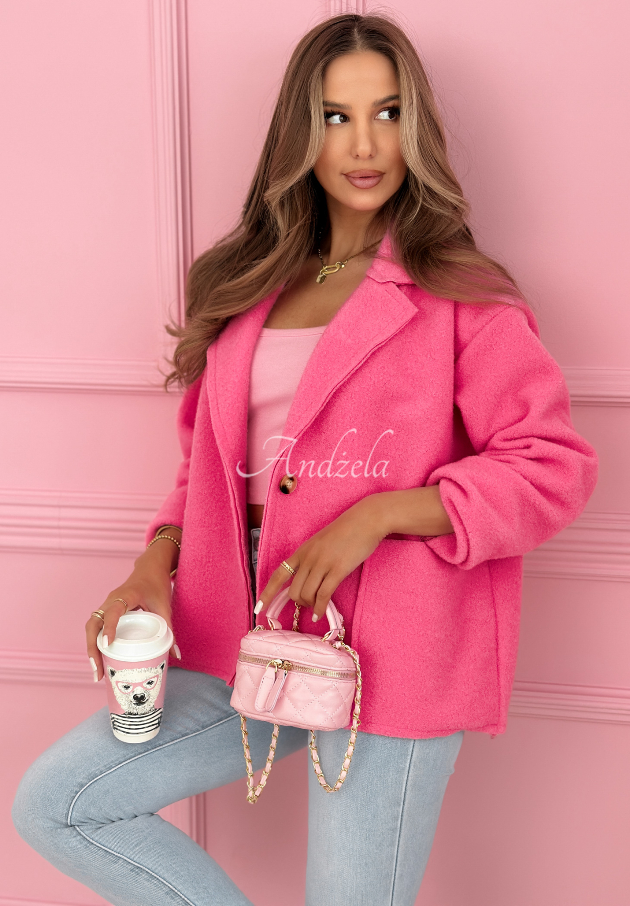 Kurzer Mantel aus Viskose mit Taschen Yumi Fuchsia