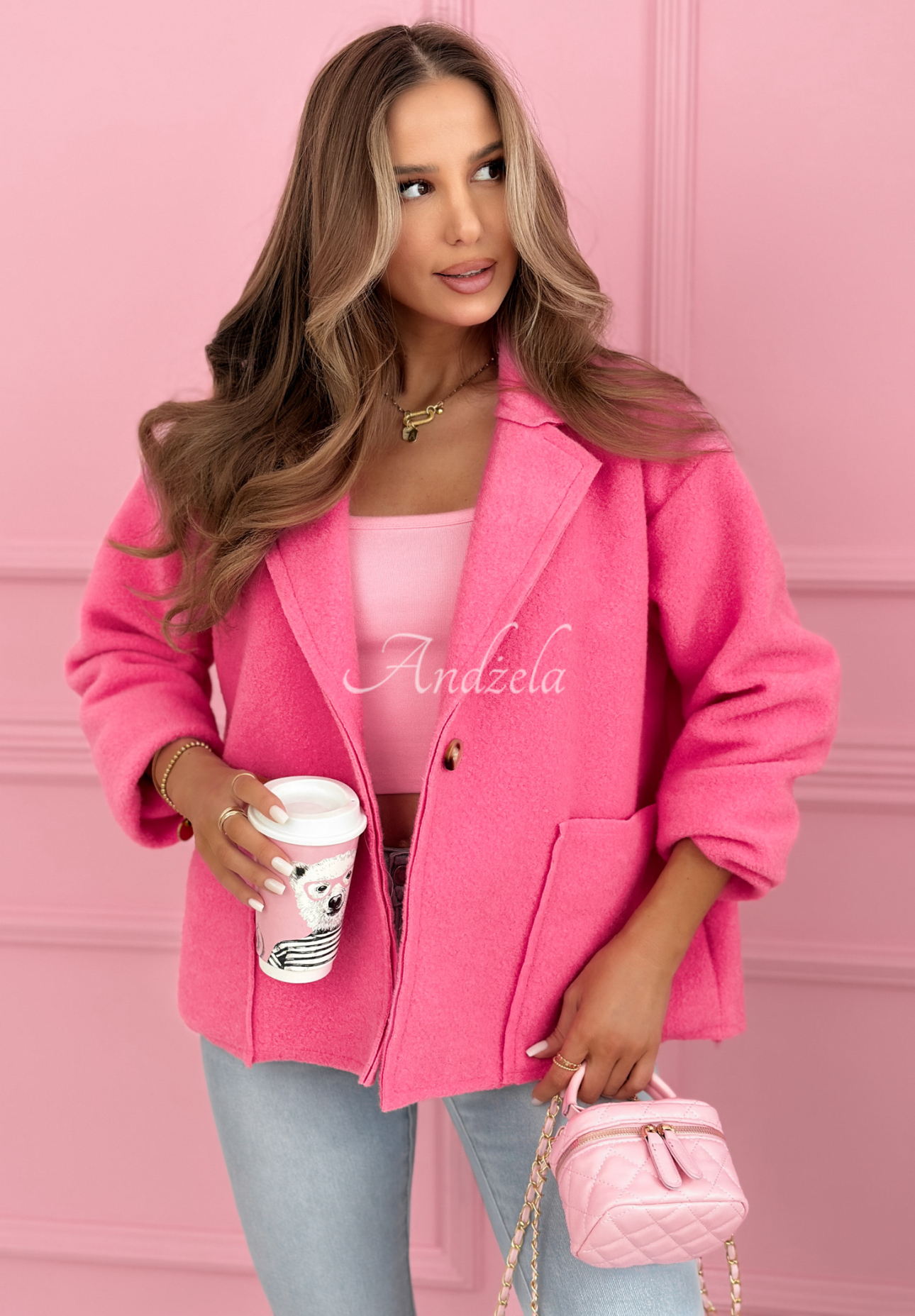 Kurzer Mantel aus Viskose mit Taschen Yumi Fuchsia