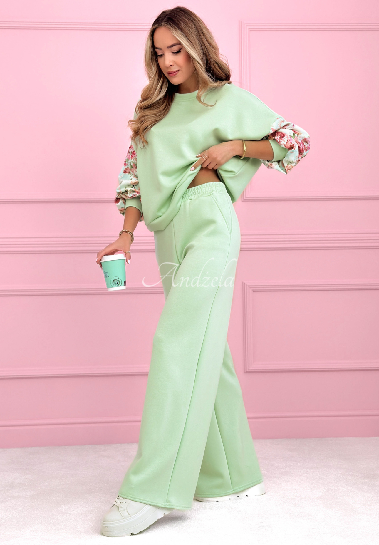 Viscose tracksuit set, sweatshirt and butter-colored pants with floral sleeves, Just One Look, pistachio