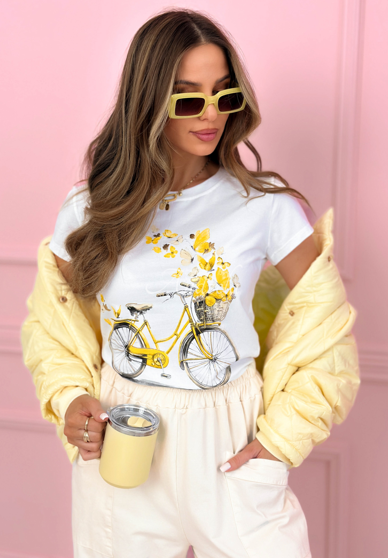 Baumwoll-T-Shirt mit Aufdruck Butterflies Dreams weiß-Gelb