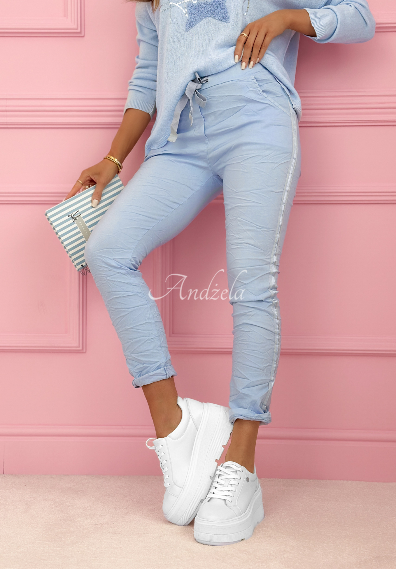 The Spring Begins blue viscose pants with stripes