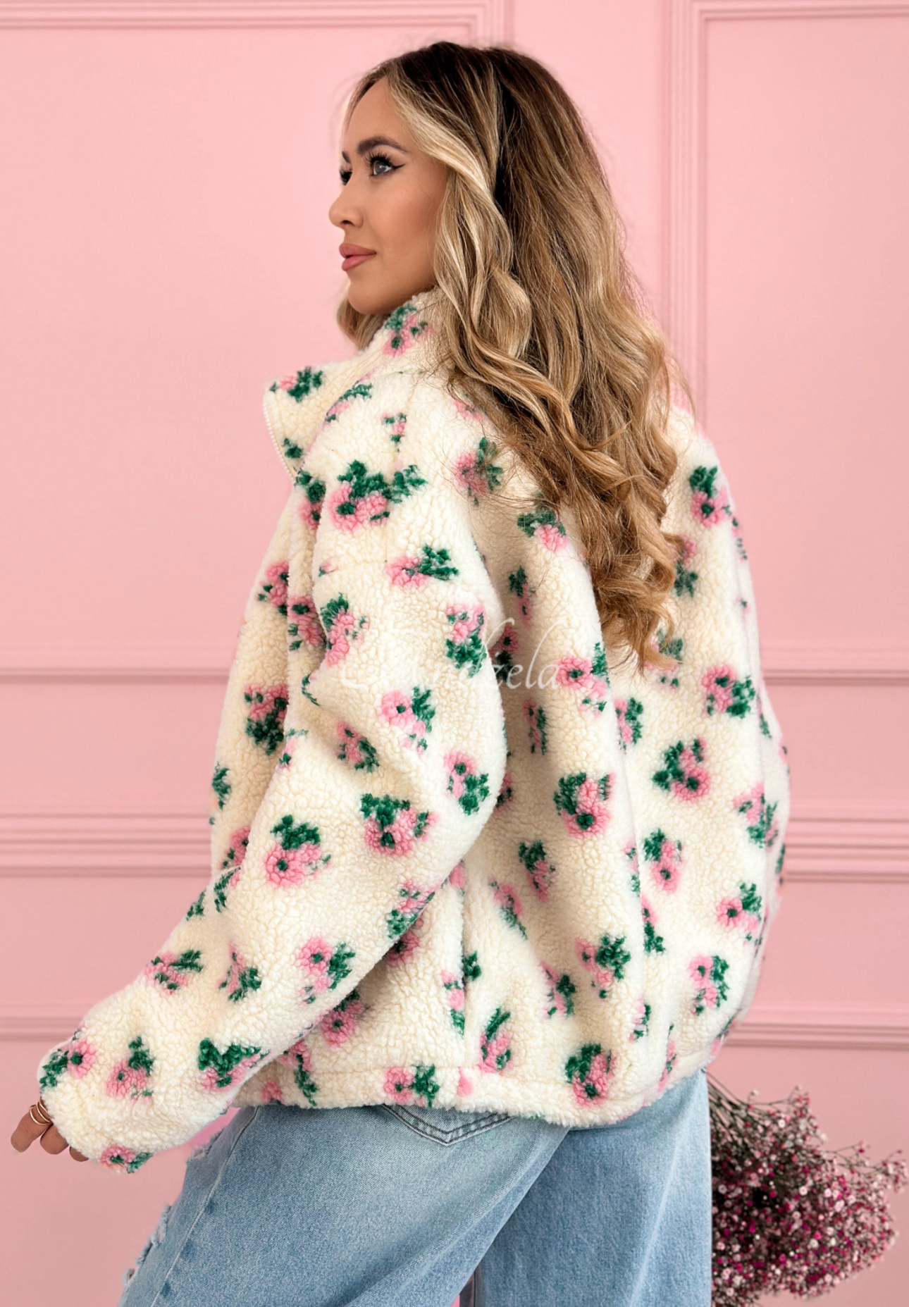 Fleecejacke mit Stehkragen und Blumenmuster Flower Fluffs Beige