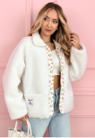 Krótka Jacke kożuszek z kwiecistą podszewką Lilianna Ecru