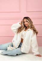 Krótka Jacke kożuszek z kwiecistą podszewką Lilianna Ecru