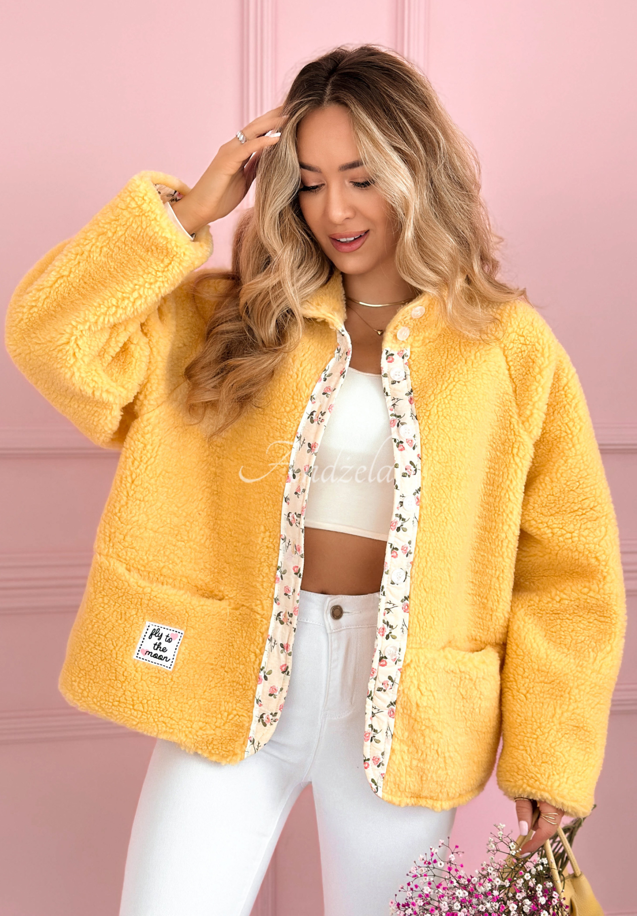 Short sheepskin jacket with floral lining and wool Lilianna yellow