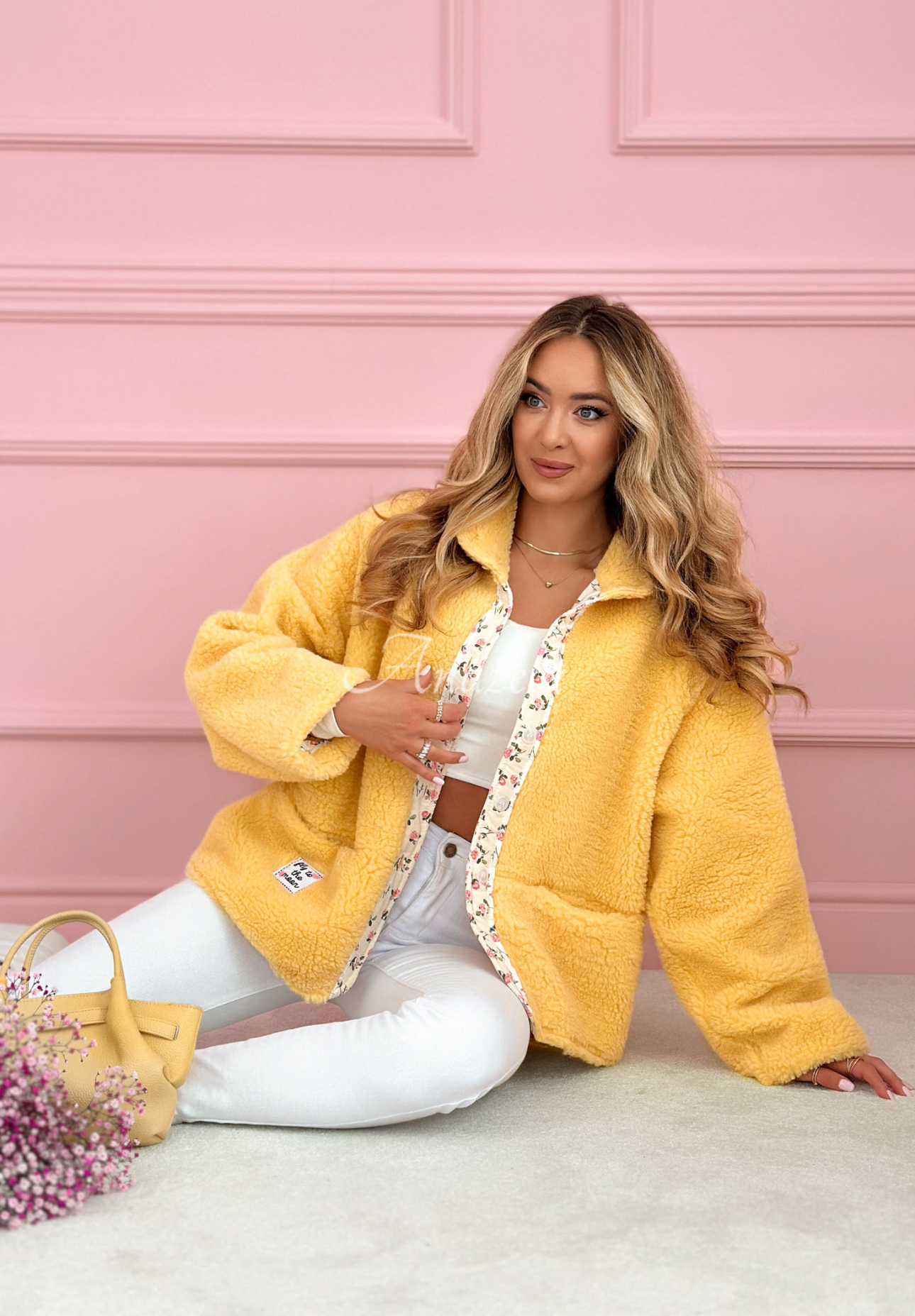 Short sheepskin jacket with floral lining and wool Lilianna yellow