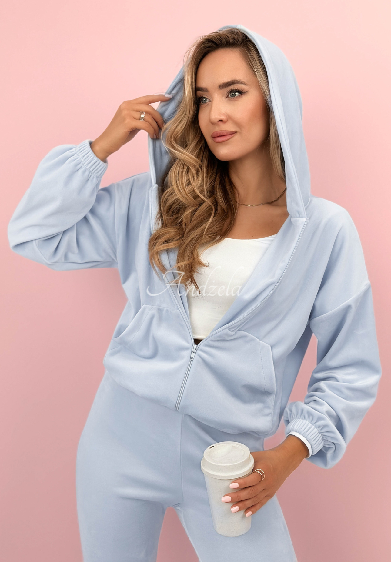 Velour tracksuit set, sweatshirt and pants, Ready To Go, light blue