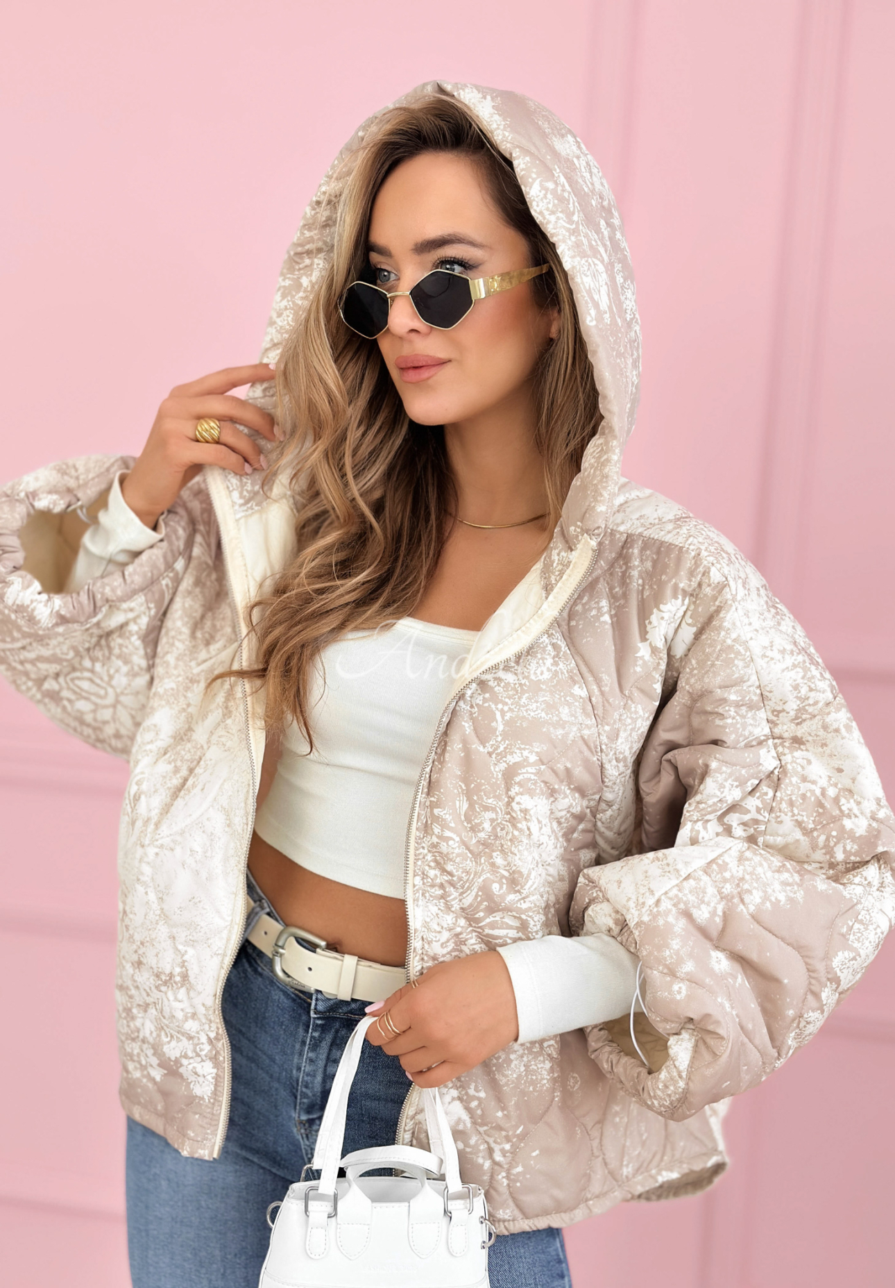 Quilted oversized hooded jacket with Blooming Hope patterns, beige