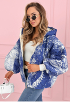 Pikowana kurtka z kapturem oversize we wzory Blooming Hope niebieska