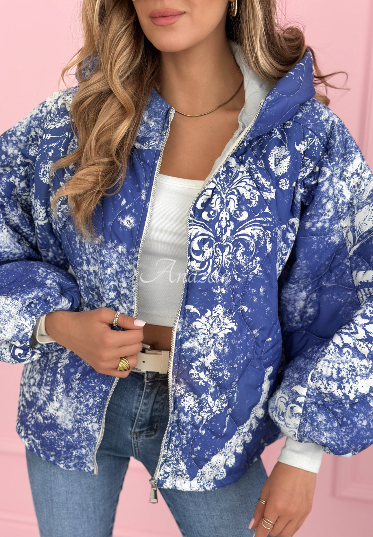 Gesteppte Jacke mit Kapuze, oversize, gemustert Blooming Hope Blau