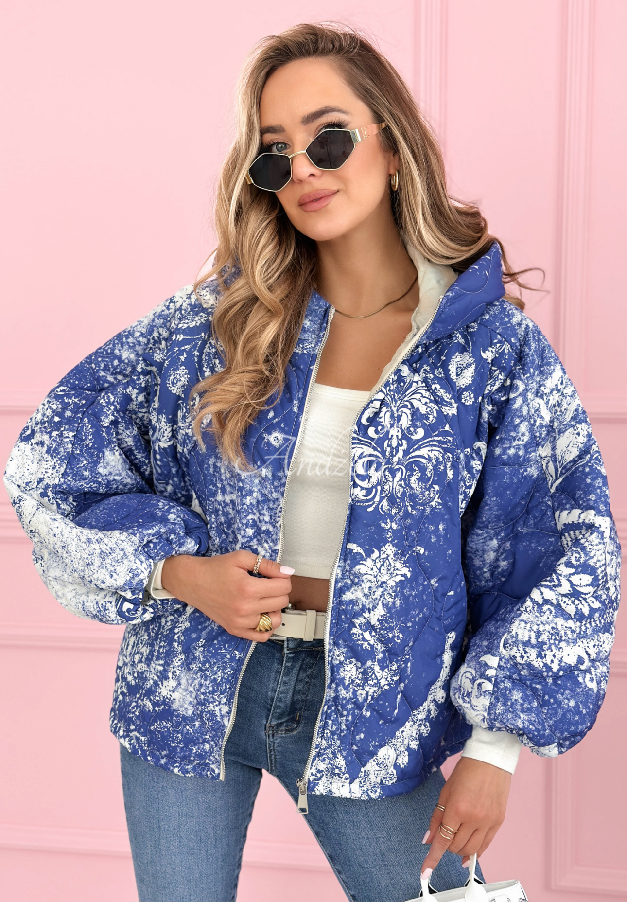 Quilted oversized hooded jacket with Blooming Hope patterns, blue
