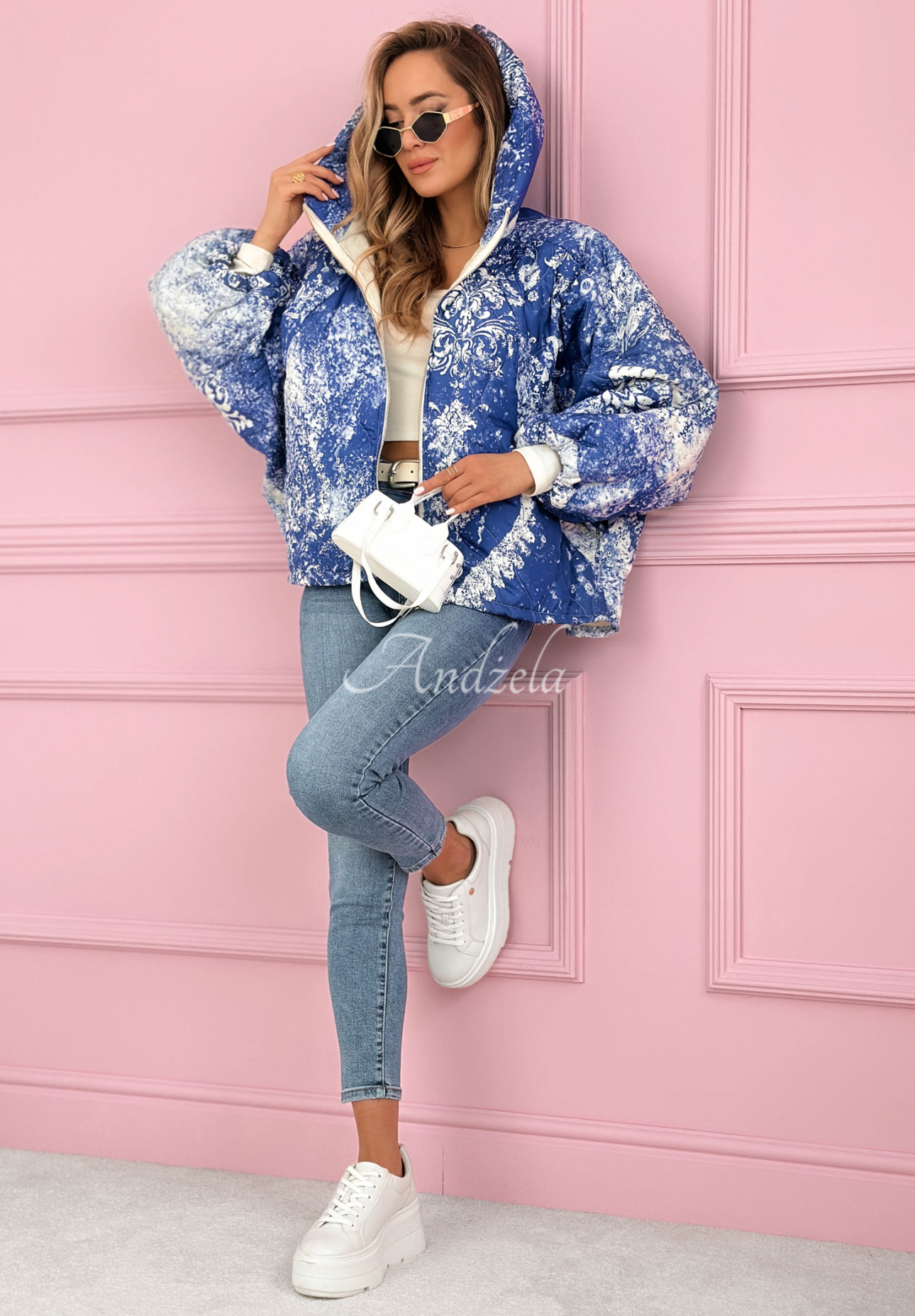 Quilted oversized hooded jacket with Blooming Hope patterns, blue