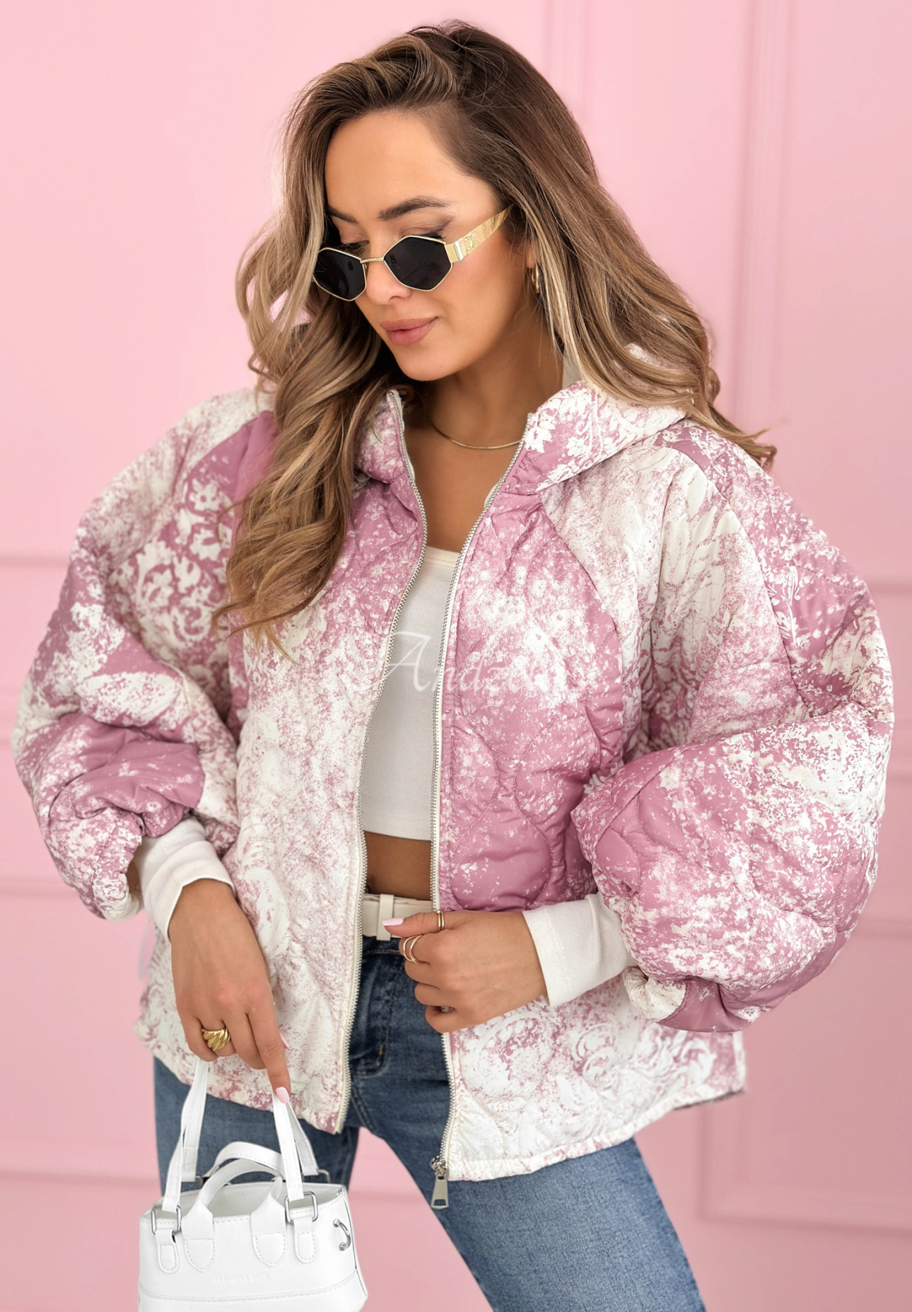 Gesteppte Jacke mit Kapuze, oversize, gemustert Blooming Hope Rosa