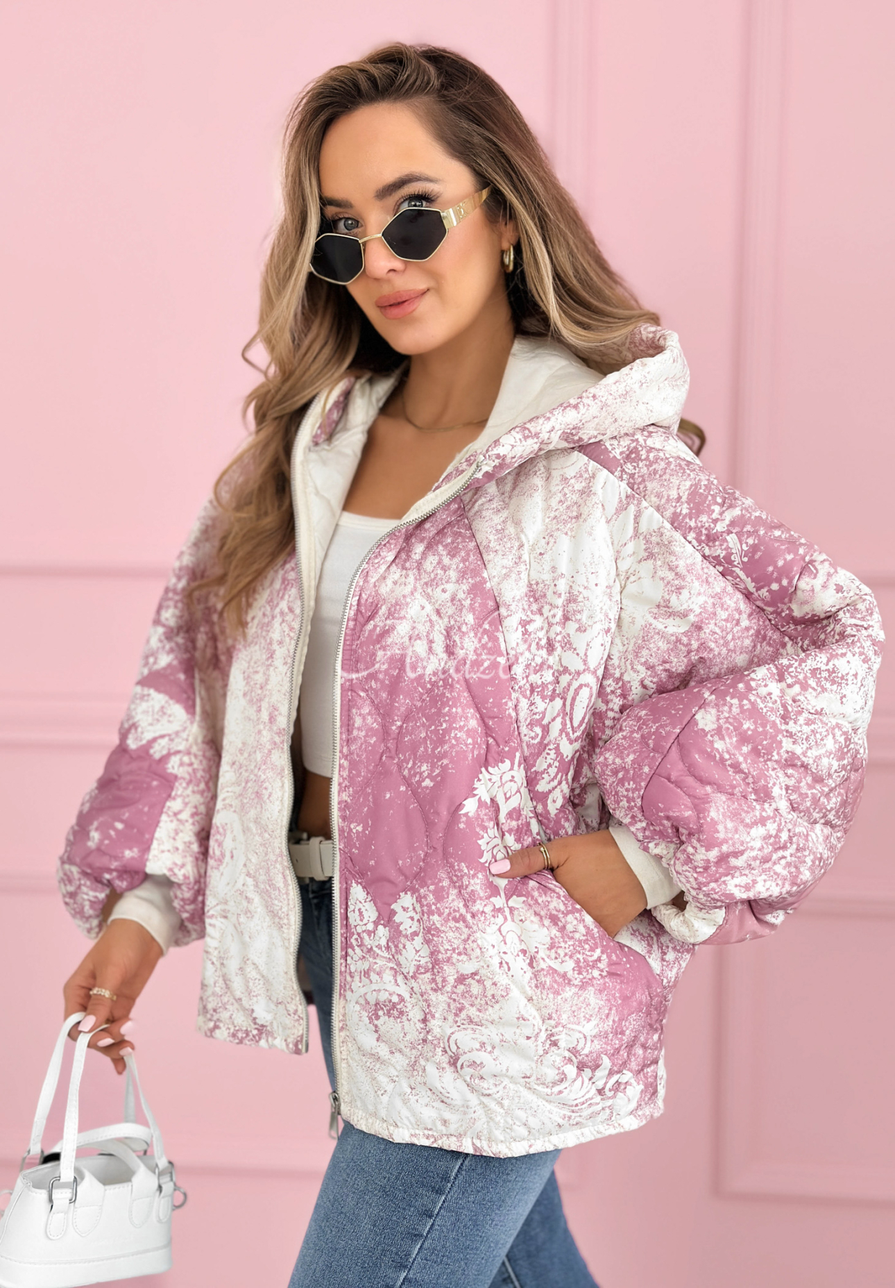 Quilted oversized hooded jacket with Blooming Hope patterns, pink