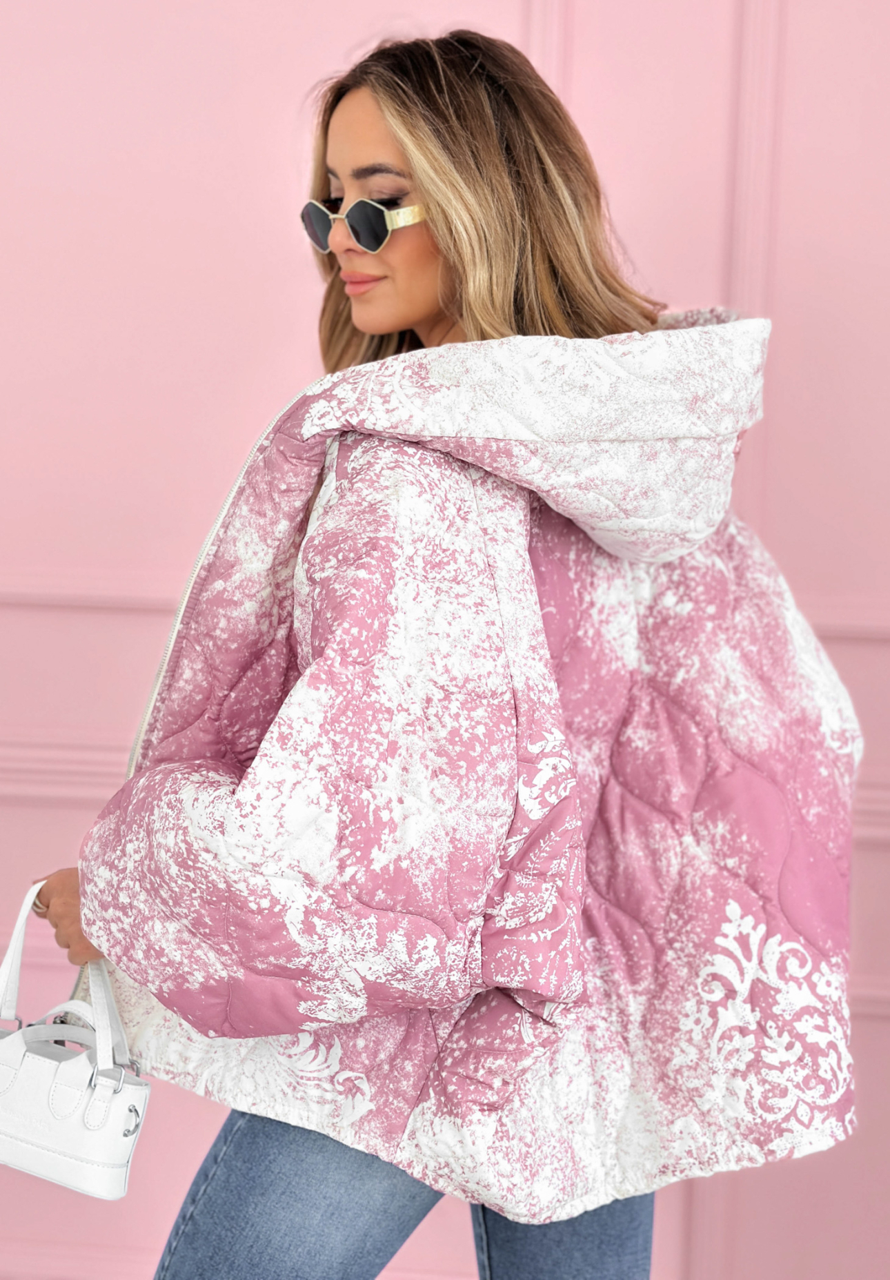 Quilted oversized hooded jacket with Blooming Hope patterns, pink