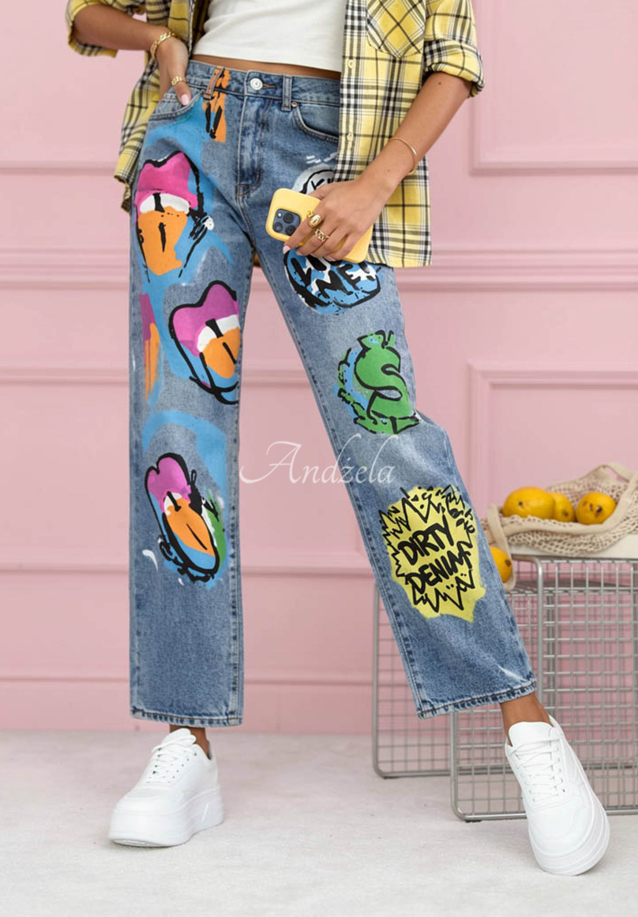 Straight-Jeans mit Aufdrucken Kiss Off Blau