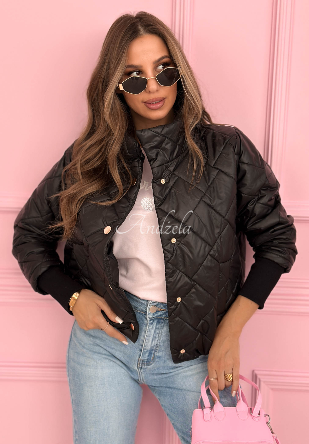 Hilda black quilted jacket with stand-up collar 