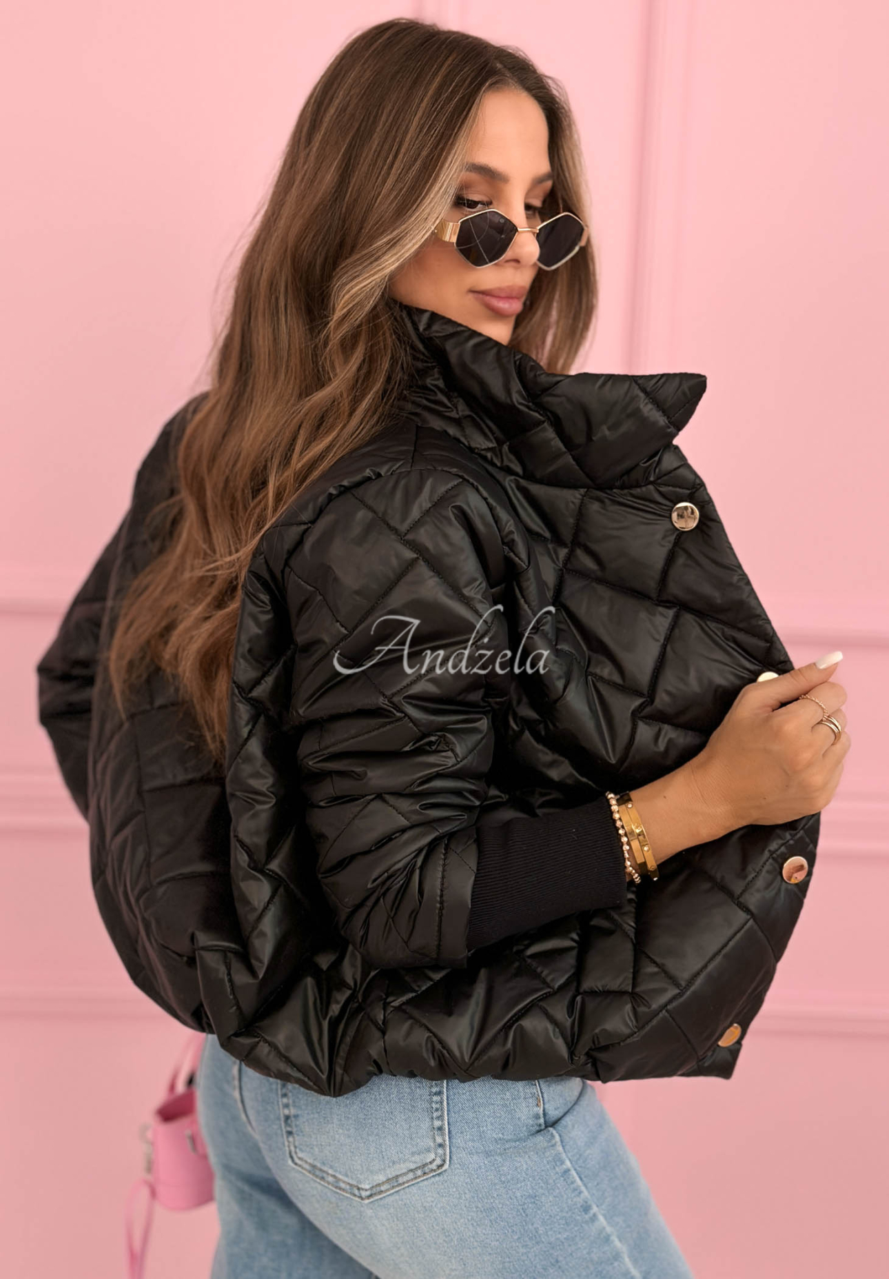 Hilda black quilted jacket with stand-up collar 