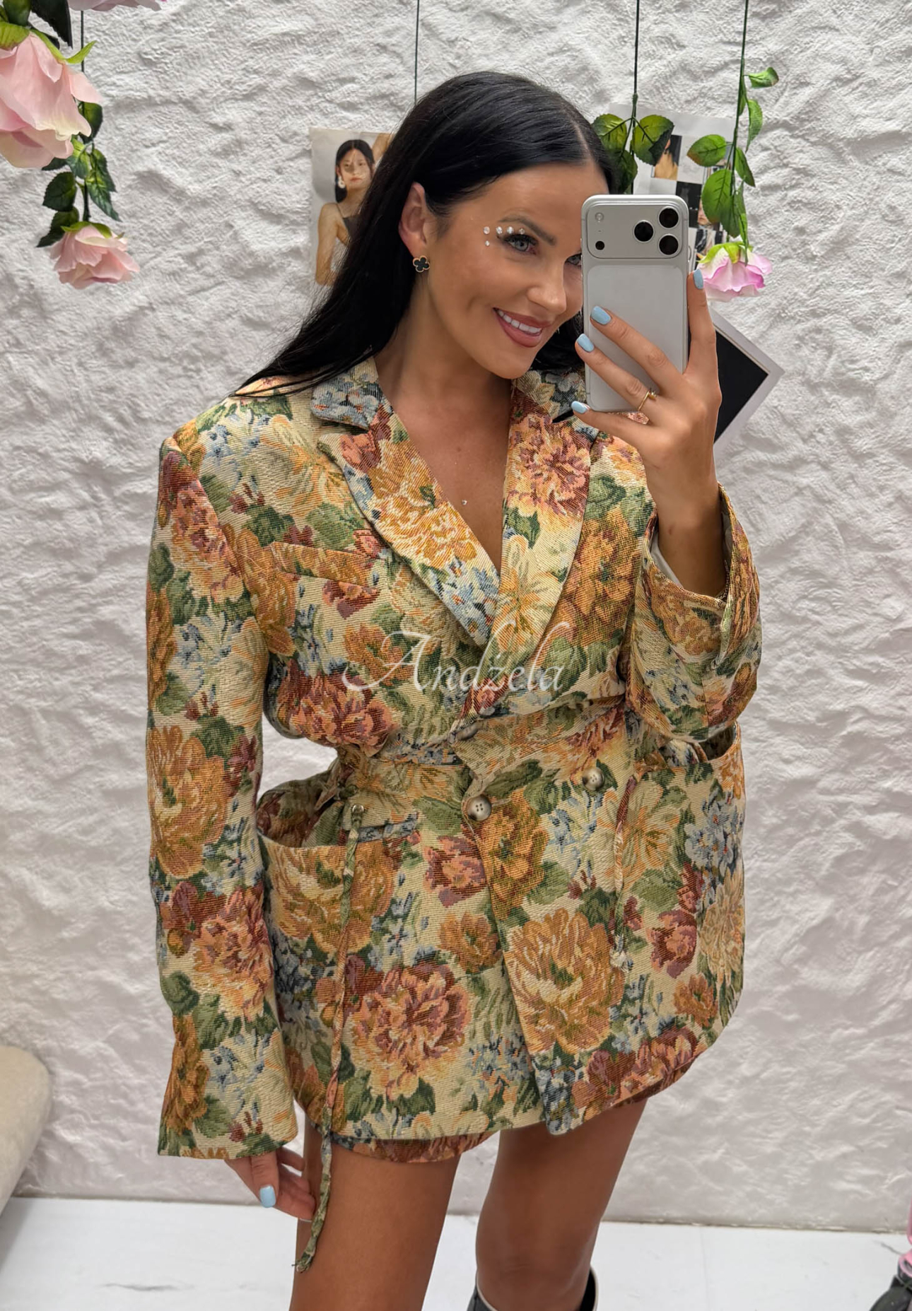 Zweireihiger Jacquard-Blazer mit Blumenmuster aus Baumwolle La Milla Kris Beige