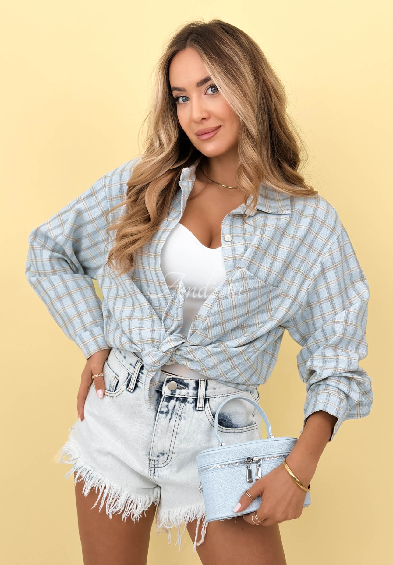 Golden Sunshine blue cotton plaid shirt