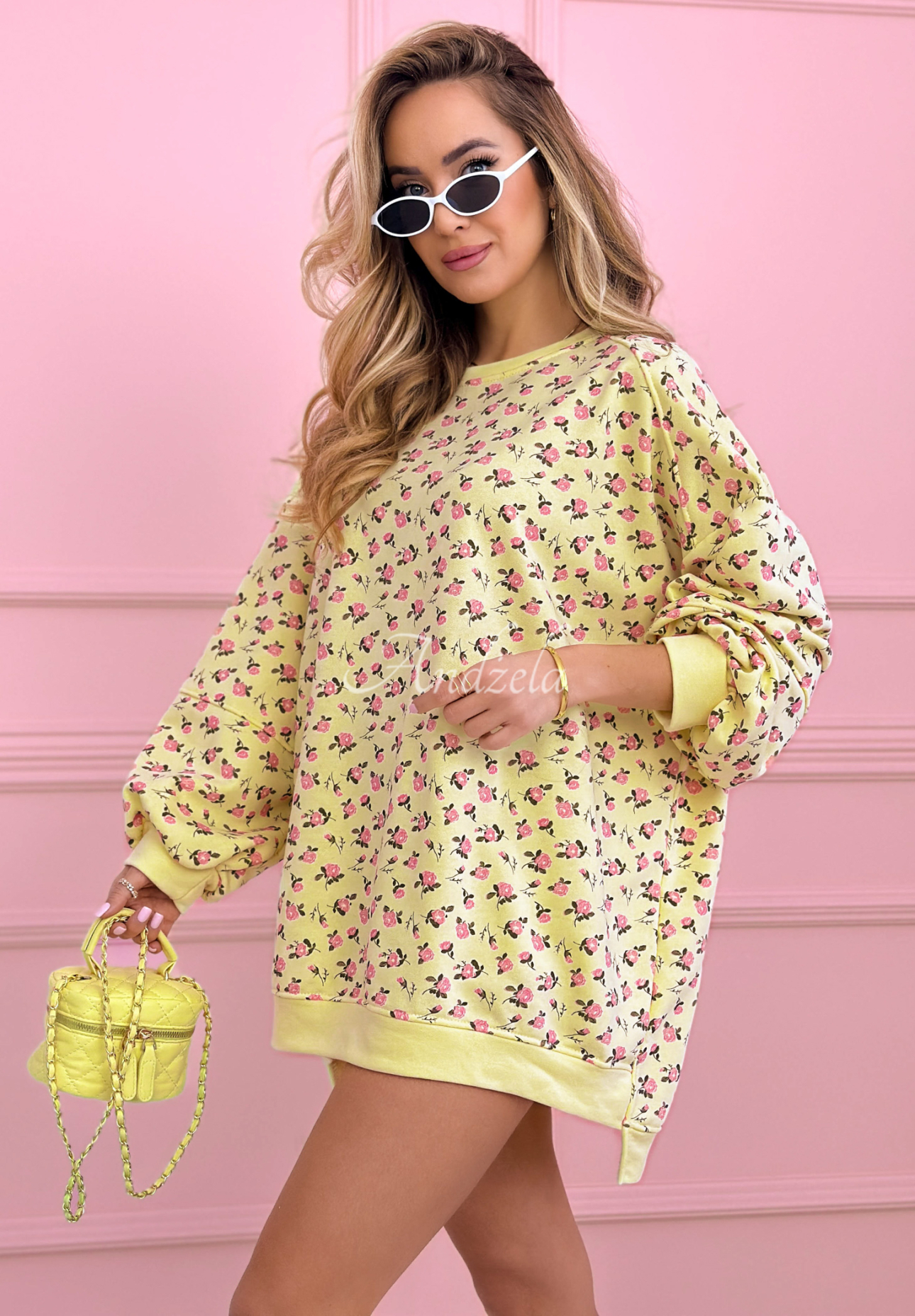 Long oversized cotton sweatshirt with roses The Bloom yellow