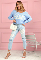 Sweter z dekoltem i napisem Soho pudrowy róż