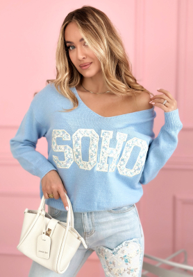 Viskose-Pullover mit Ausschnitt und Aufschrift Soho Himmelblau