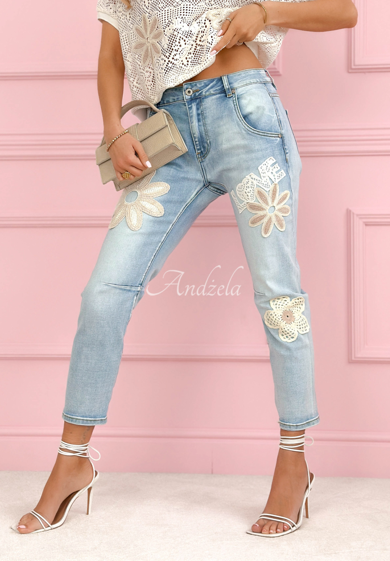 Skinny jeans with Love Flowers patches, light blue