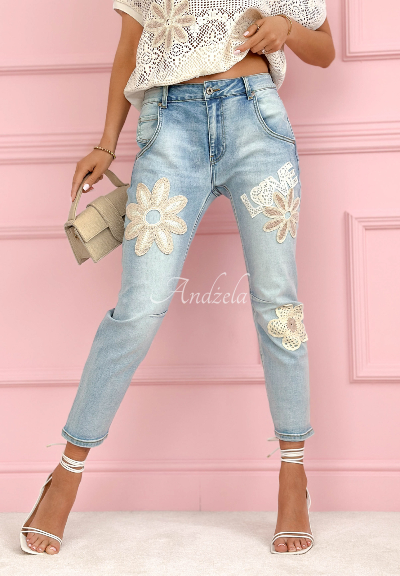 Skinny jeans with Love Flowers patches, light blue