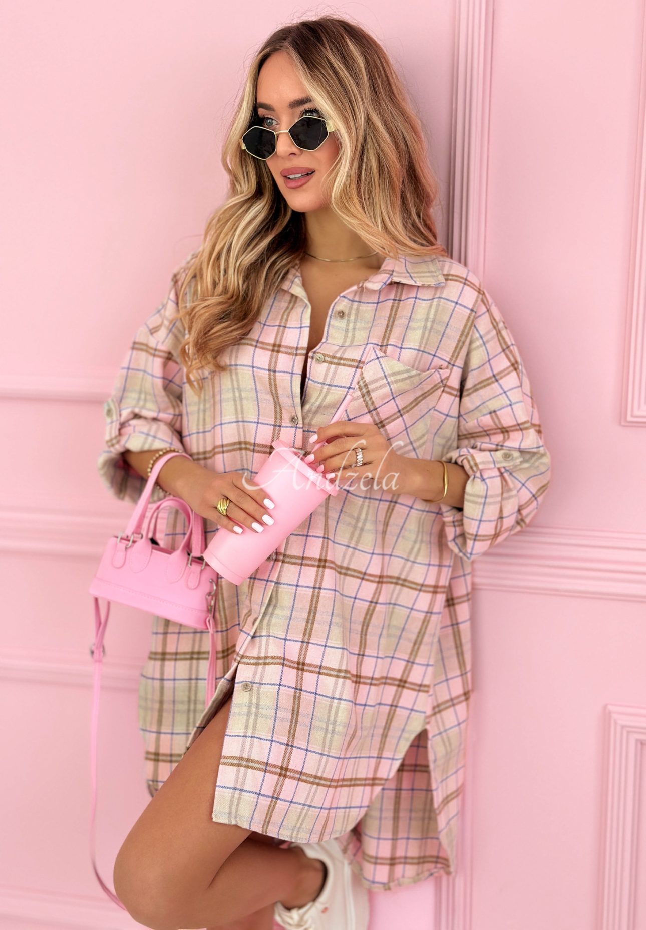 Feeling Springy powder pink oversized cotton shirt dress with check pattern