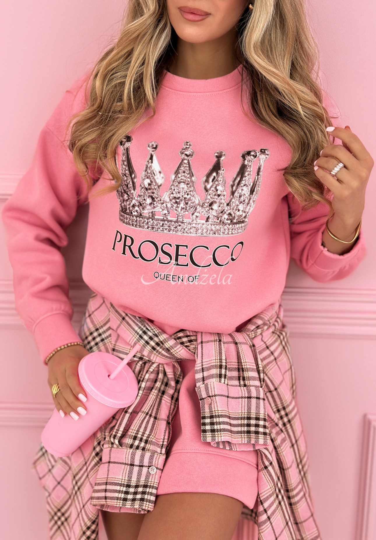 Baumwoll-Sweatkleid mit Aufdruck Queen Of Prosecco Rosa