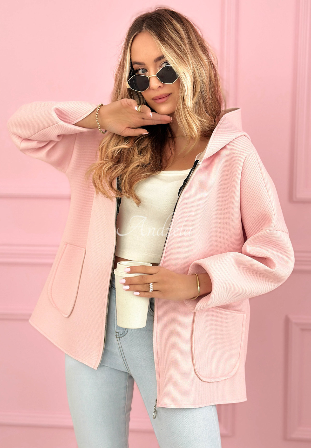Madeline powder pink hooded sweatshirt coat