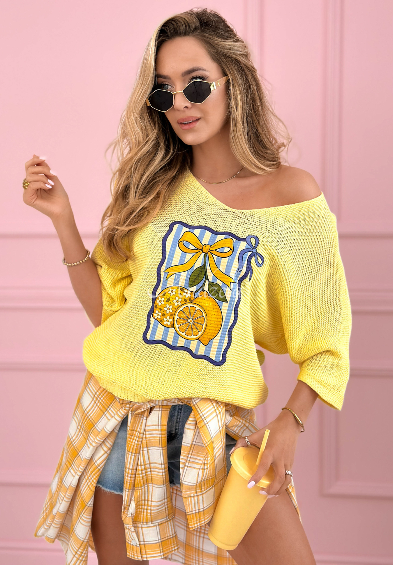 Leichter Baumwollpullover mit Aufdruck Lemon Bow Gelb