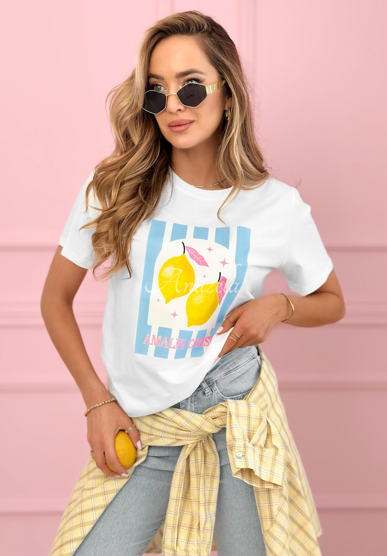 Cotton T-shirt with Amalfi Coast Lemons print, white and blue