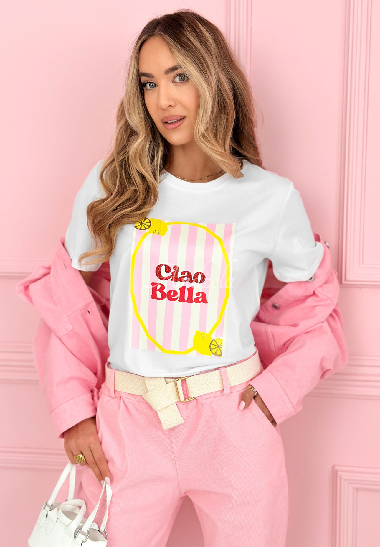 Baumwoll-T-Shirt mit Aufdruck Ciao Bella weiß-Rosa