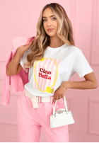 T-shirt z nadrukiem Ciao Bella biało-różowy