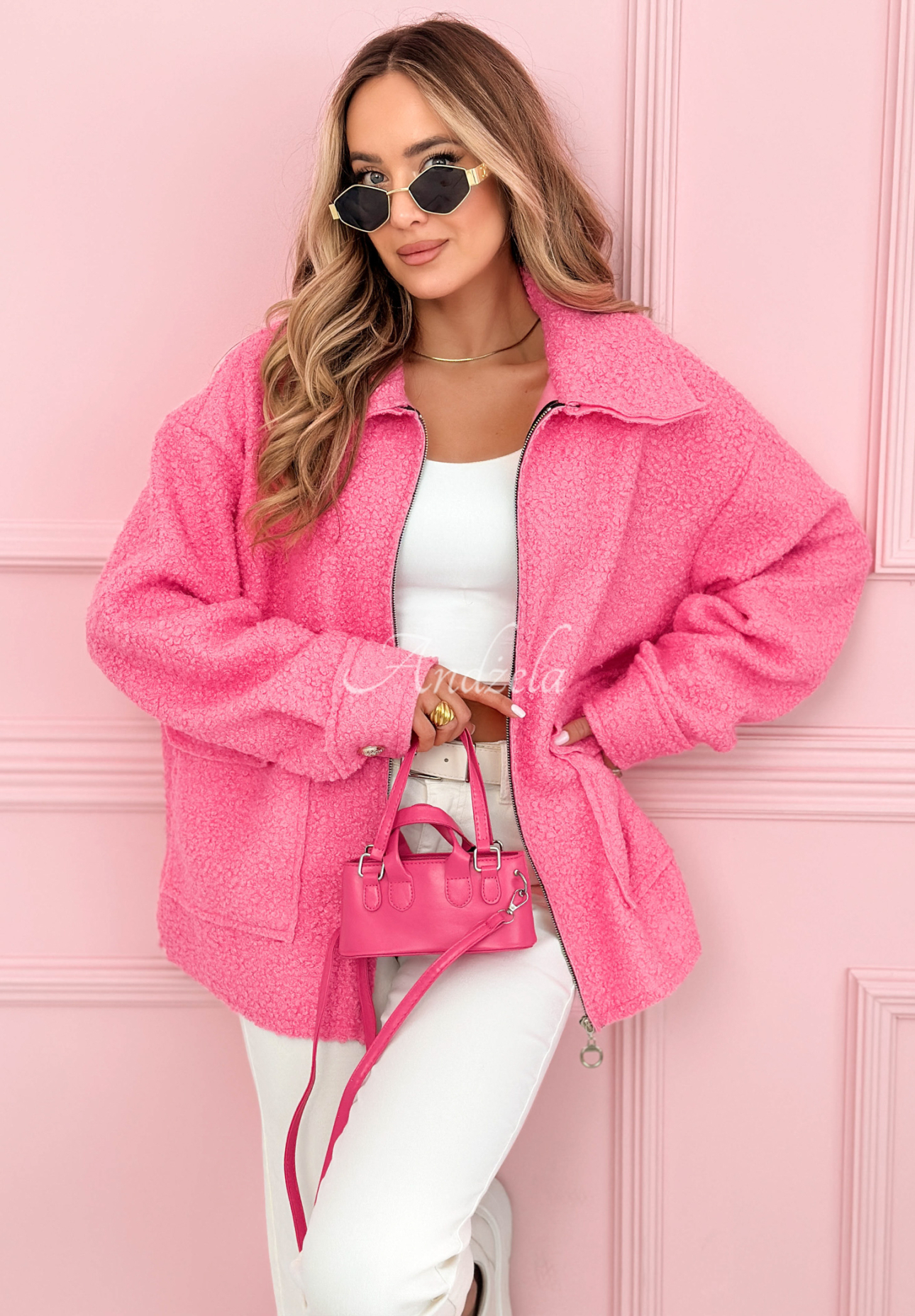 Kurze Sherpa-Jacke mit Wolle und Viskose Azalea Rosa