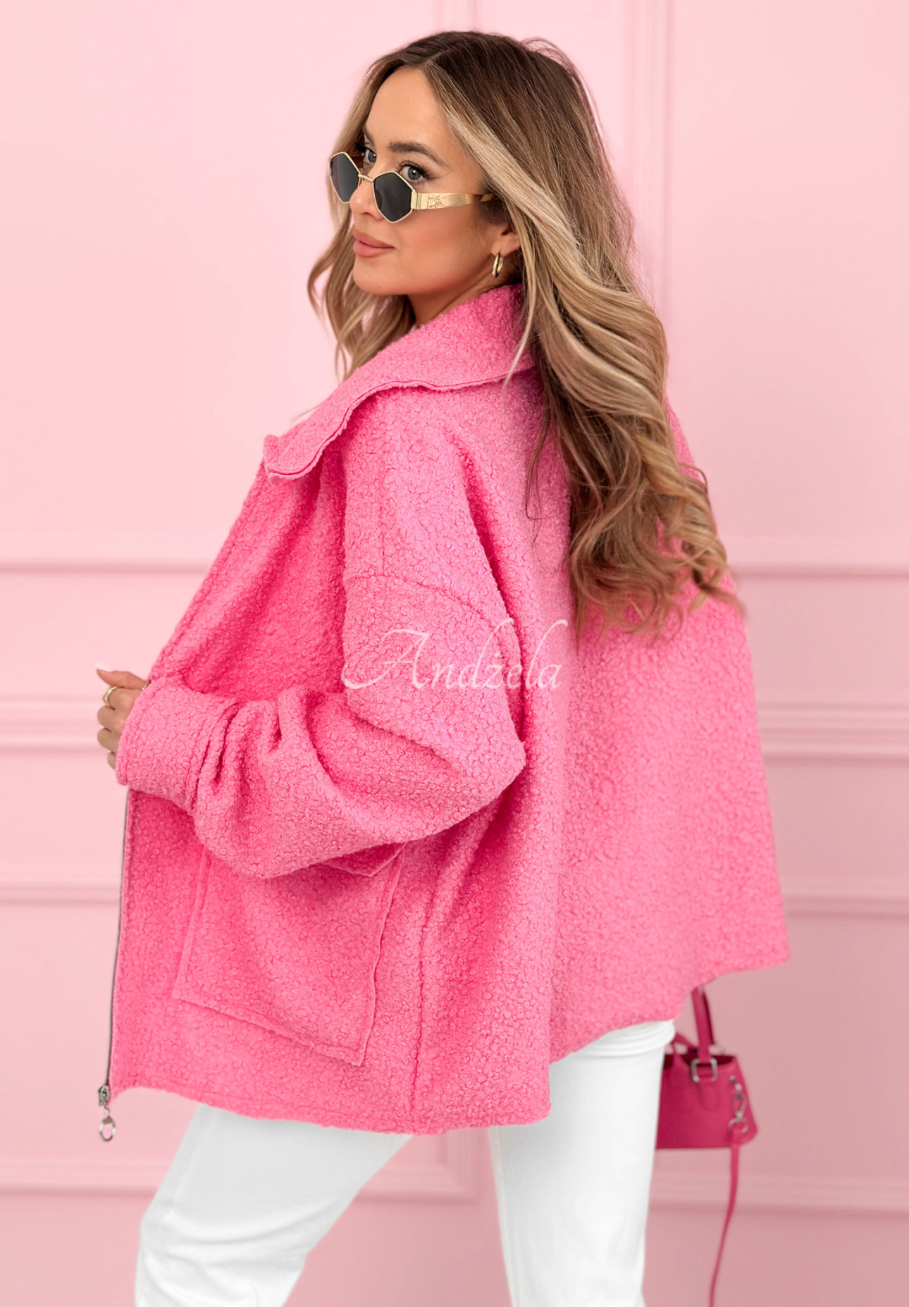 Kurze Sherpa-Jacke mit Wolle und Viskose Azalea Rosa