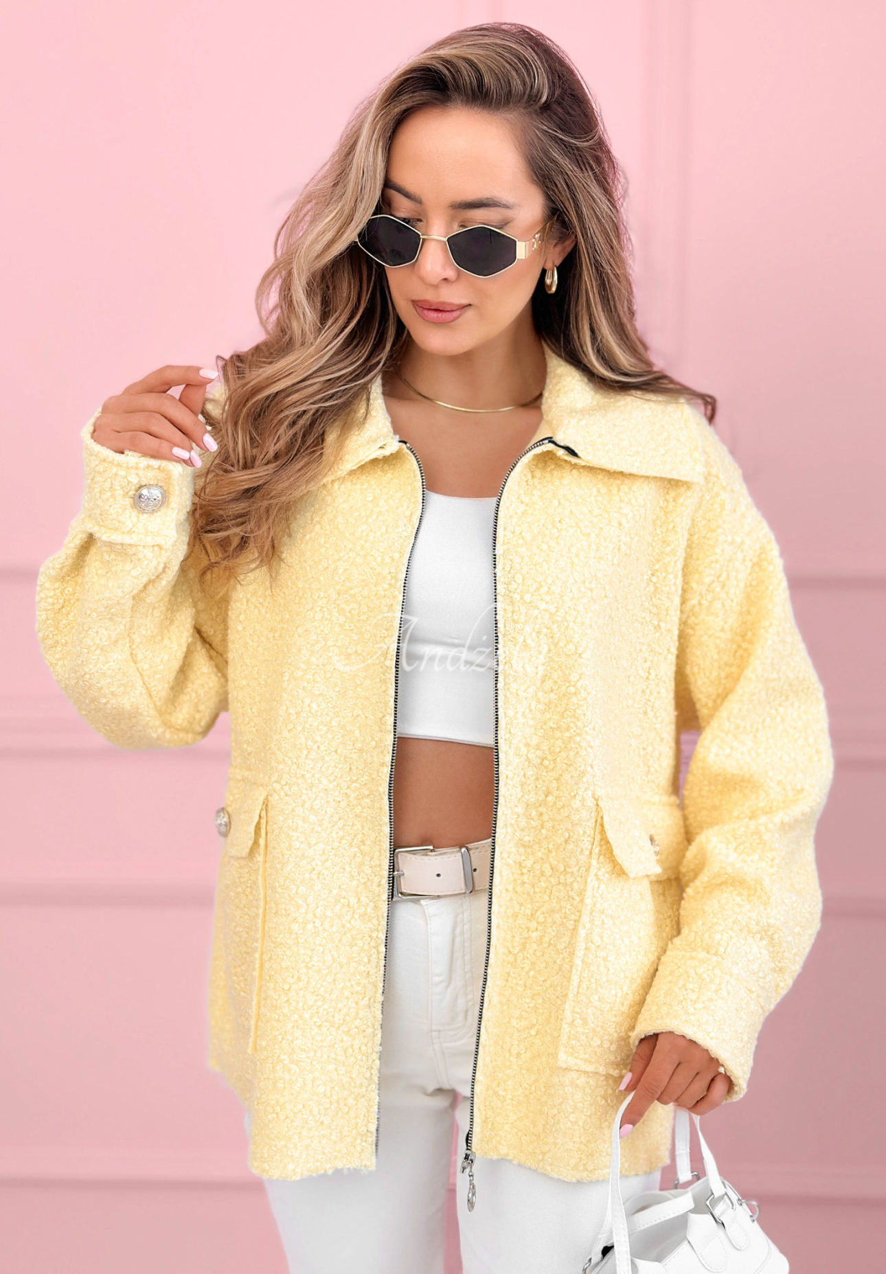 Kurze Sherpa-Jacke mit Wolle und Viskose Azalea Gelb