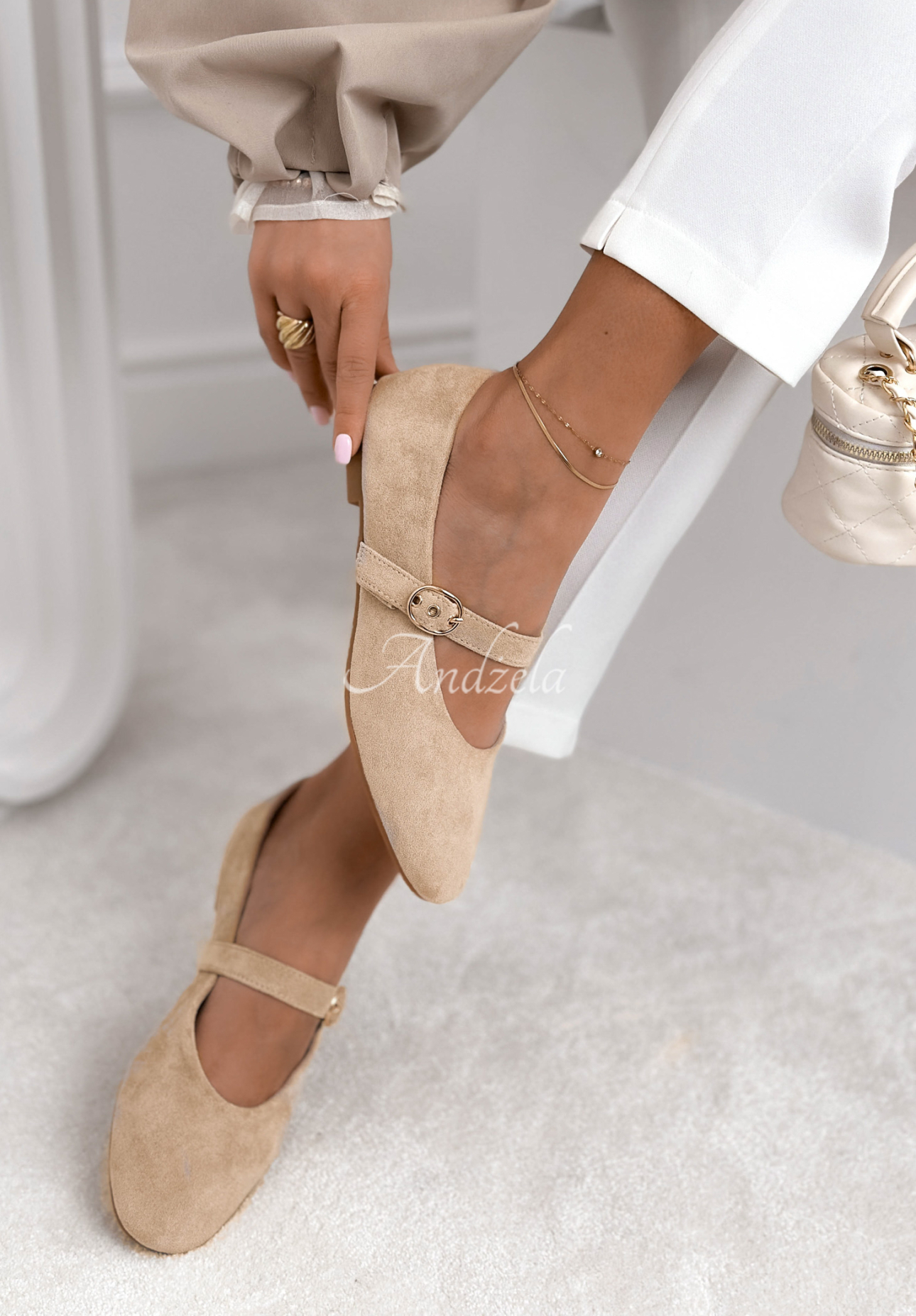 Vivienne beige suede ballet flats with strap