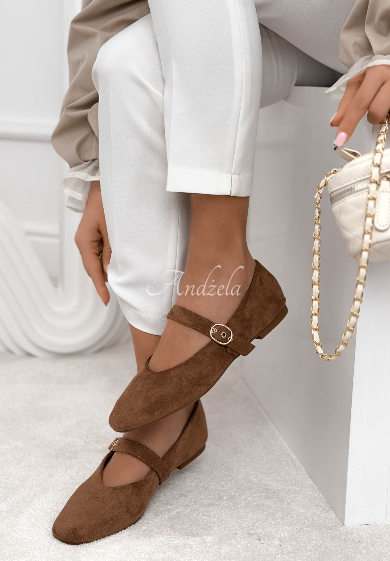 Vivienne suede ballet flats with strap, mocha