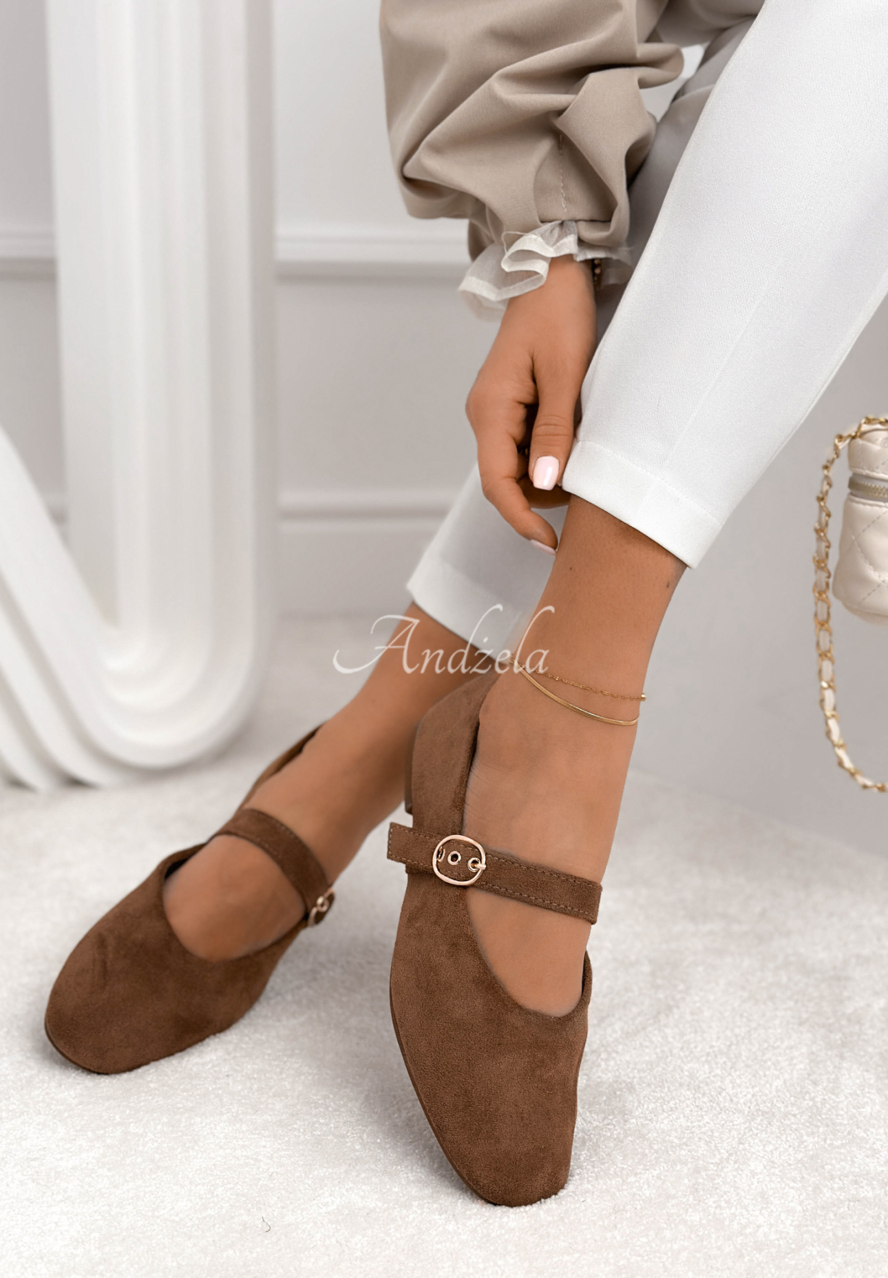 Vivienne suede ballet flats with strap, mocha