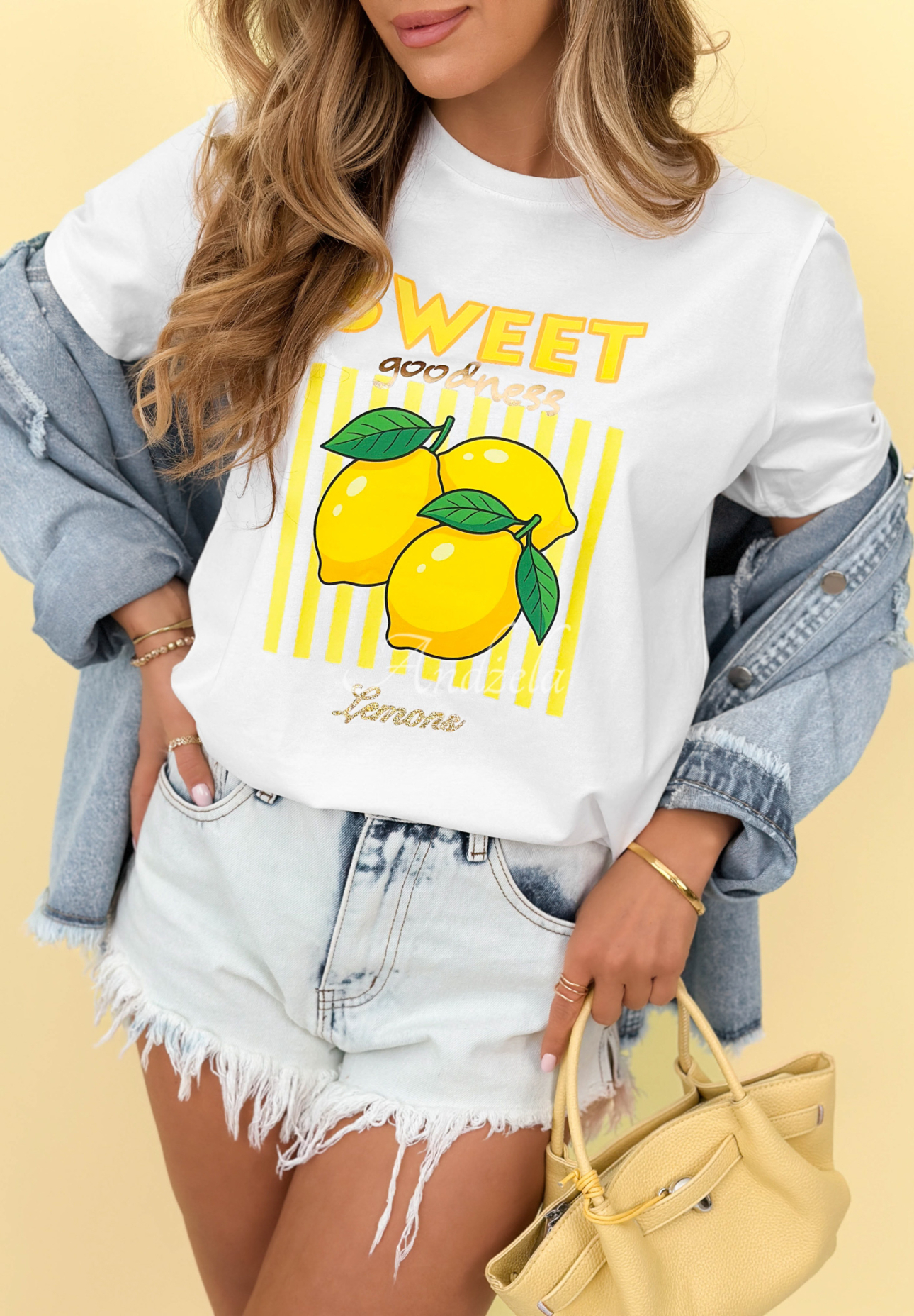 Cotton T-shirt with Sweet Goodness print, white and yellow